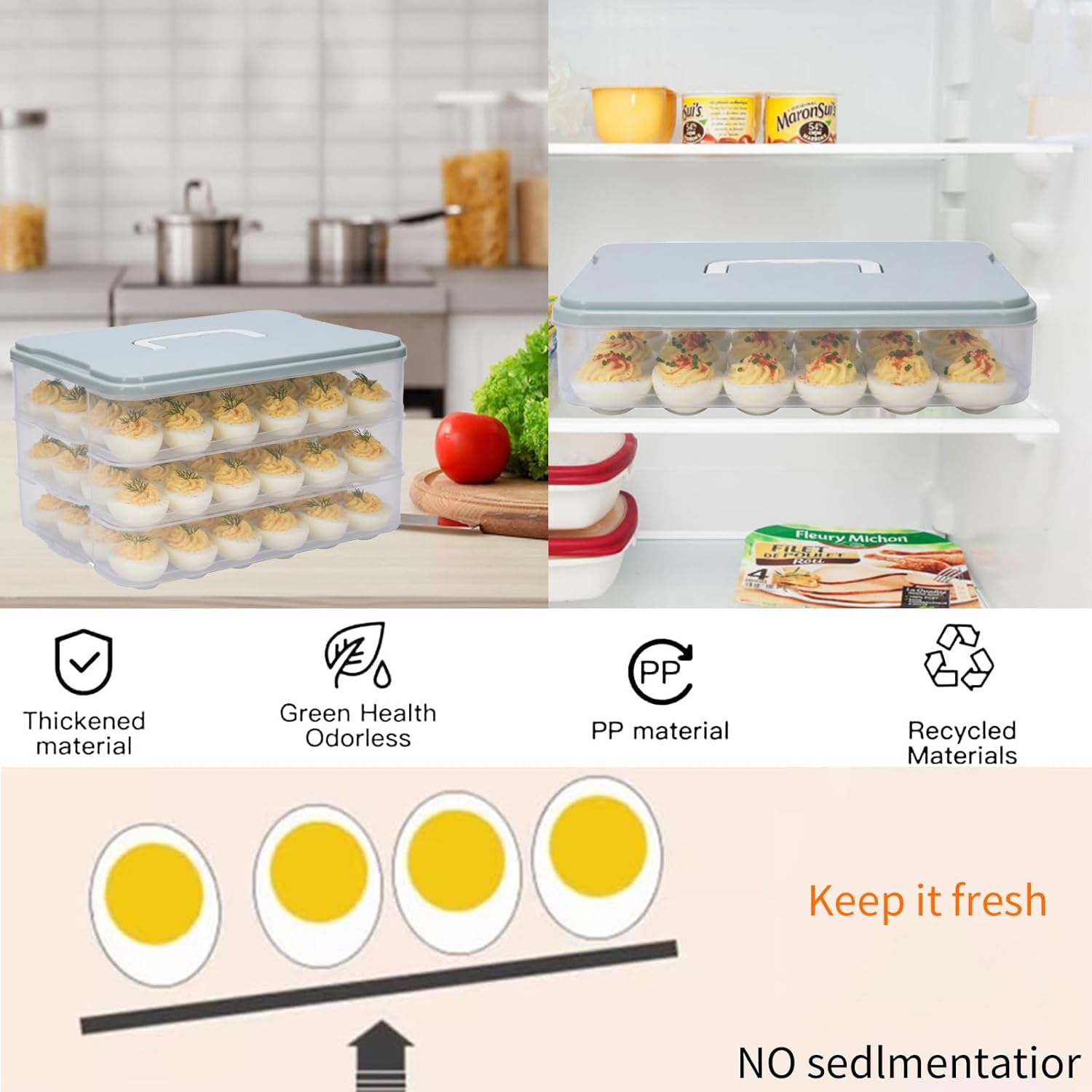 3-Layer Deviled Egg Containers with Lid,Plastic Egg Container for Refrigerator with Handle,Deviled Egg Carrier for 72 Eggs,Kitchen,Festival Party, Stackable Egg Holder for Fridge (Green)