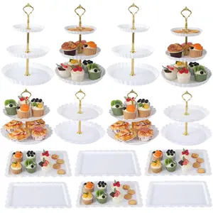 Garvee Set of 14 Dessert Stands and Serving Trays – Includes 4 Tiered Cake Stands (3-Level and 2-Level) and 6 Rectangular Plastic Trays for Cupcakes, Donuts, Fruits, and Appetizers