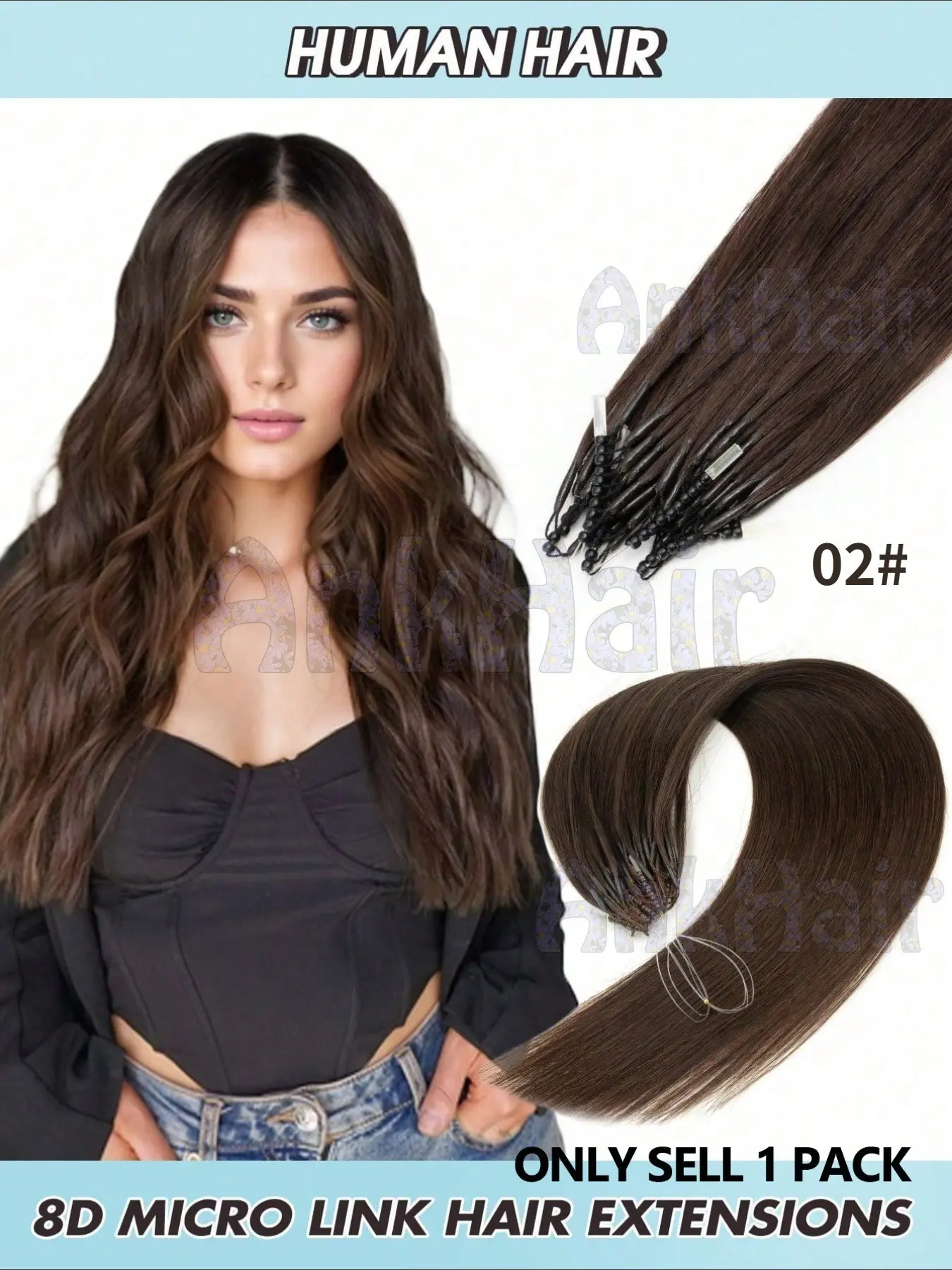 8D Micro Hair Extensions, Human Hair Extensions, Real Hair Micro Bead Extensions, Straight, Dark, Nano Rings, Invisible Mini Silicone Beads, Halloween Costume