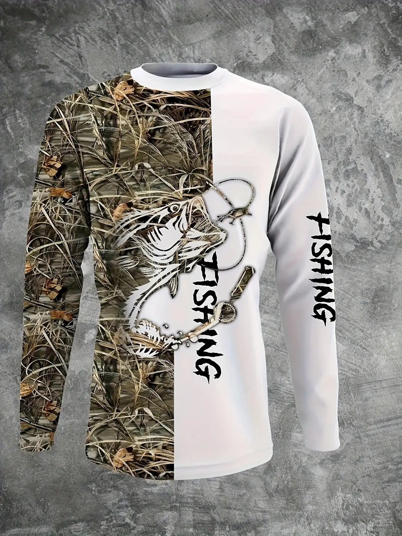 Men's Camo Spliced Fishing Long Sleeve T-Shirt Bass Lure Pattern Outdoor Angling Casual Top