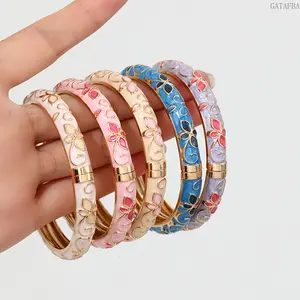Cute Color Enamel Clover Bangle for Women, Vintage Court Style Five-Petal Flower Open Bracelet, Trendy Stackable Elegant Wrist Jewelry for Daily Wear