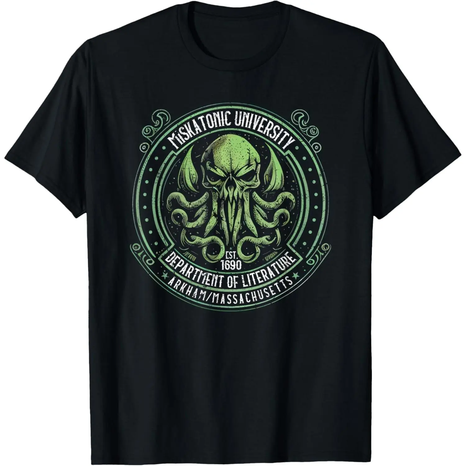 Men's Graphic T-Shirt, Vintage Cthulhu Miskatonic University Print, Oversized Soft Combed Cotton Tee for School & Layering, Novelty Shortsleeve Top, Breathable, Loose