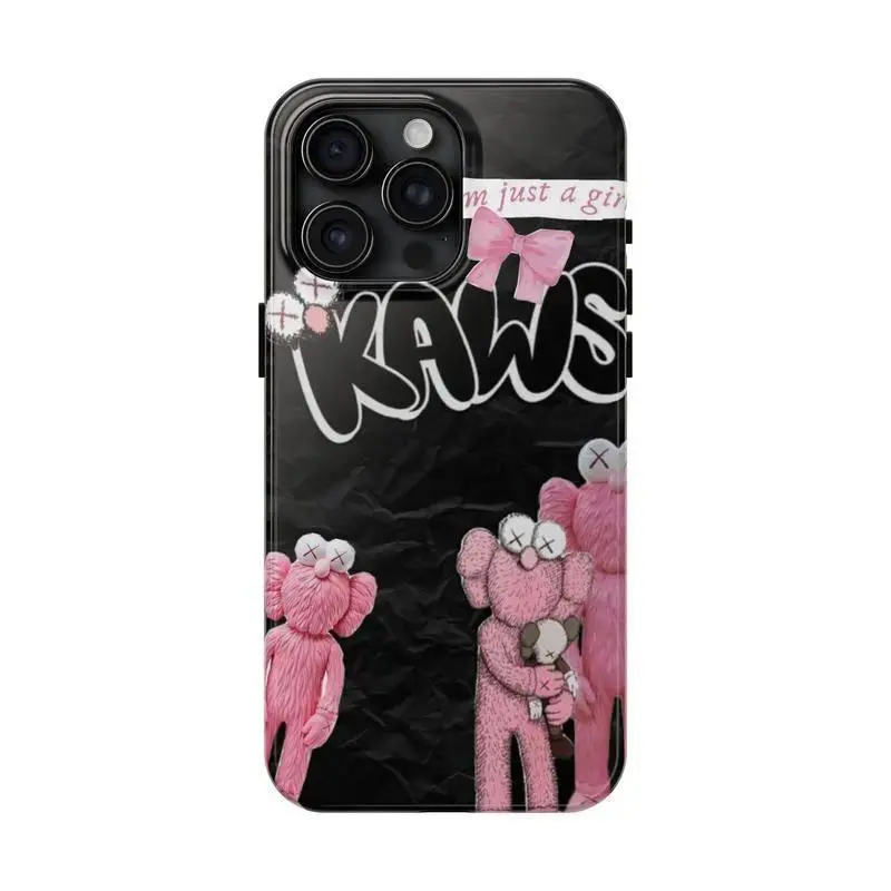 Durable phone case featuring a KAWS-style pink bow design; compatible with iPhone models 12 through 17. It makes an excellent gift for close friends and is perfect for special occasions.