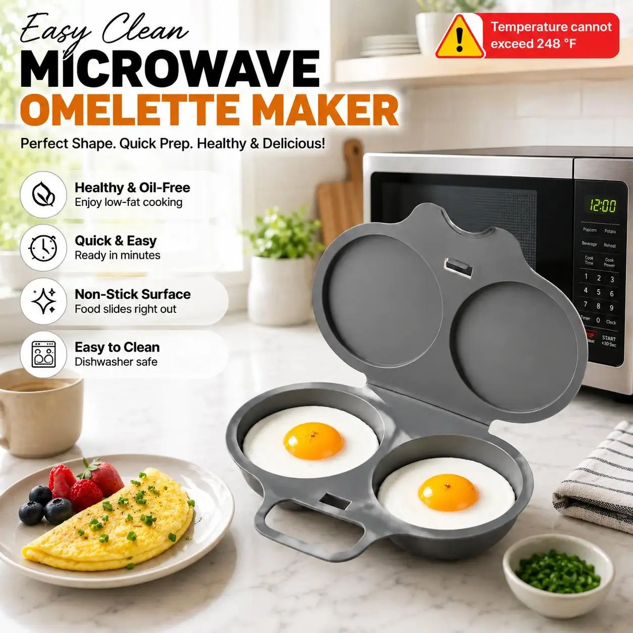 Dark Gray 2-Cup Round Non-Stick Microwave Omelette Maker - BPA-Free Food-Grade PP Plastic, Quick Prep, Perfect Shape, Healthy Cooking, Dishwasher-Safe Kitchen Egg Cooker Gadget