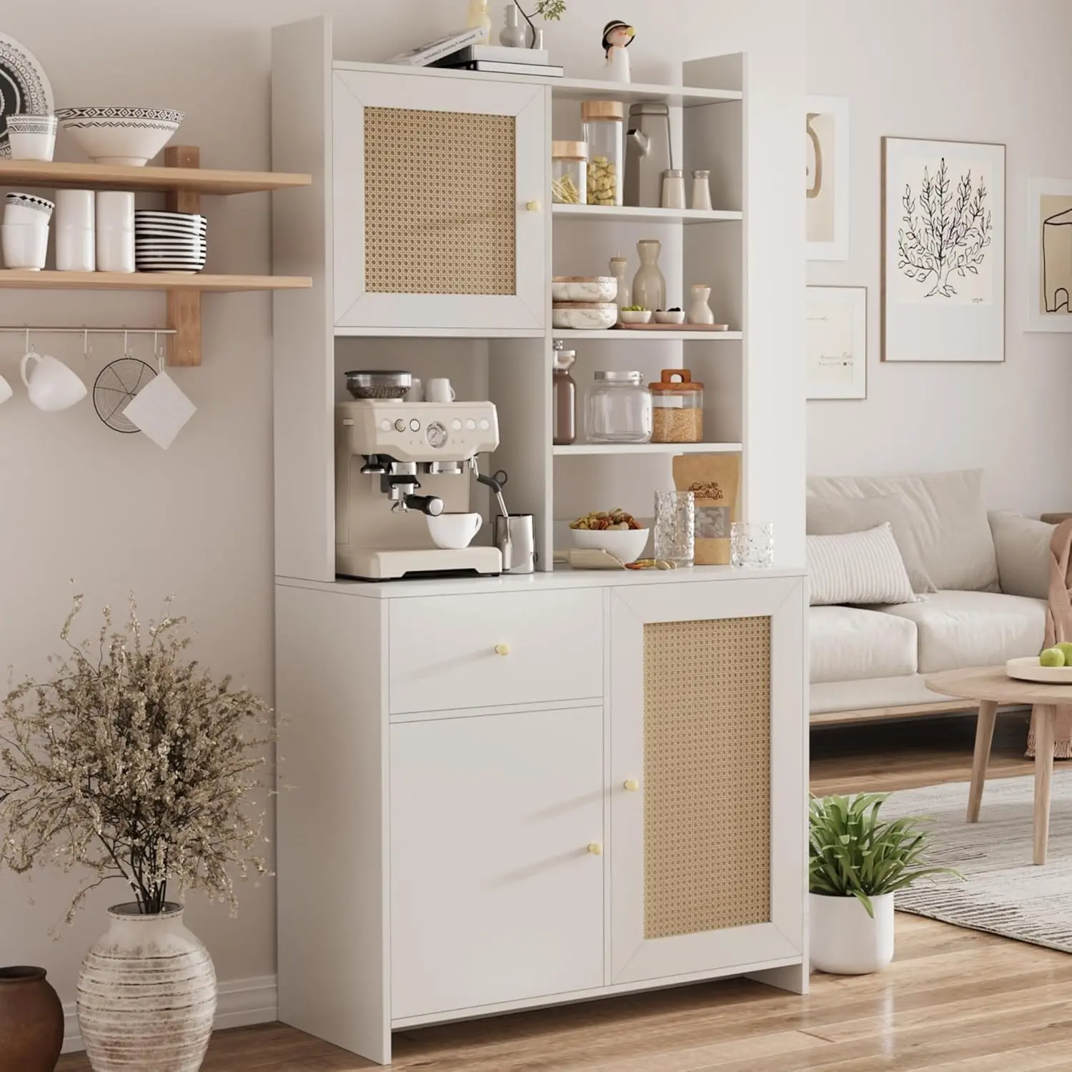 71 Inch Tall Kitchen Pantry Cabinet with Glass Doors and Microwave Stand Modern Wood Storage Hutch with Cable Hole for Home Coffee Bar Station