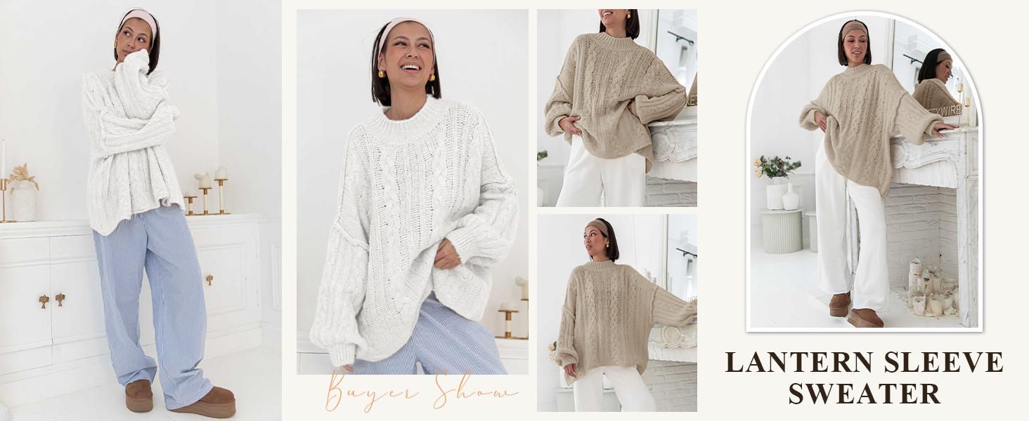 Womens Oversized Sweaters Chunky Cable Knit Crew Neck Casual Long Lantern Sleeve Fall Tunic Sweater Tops