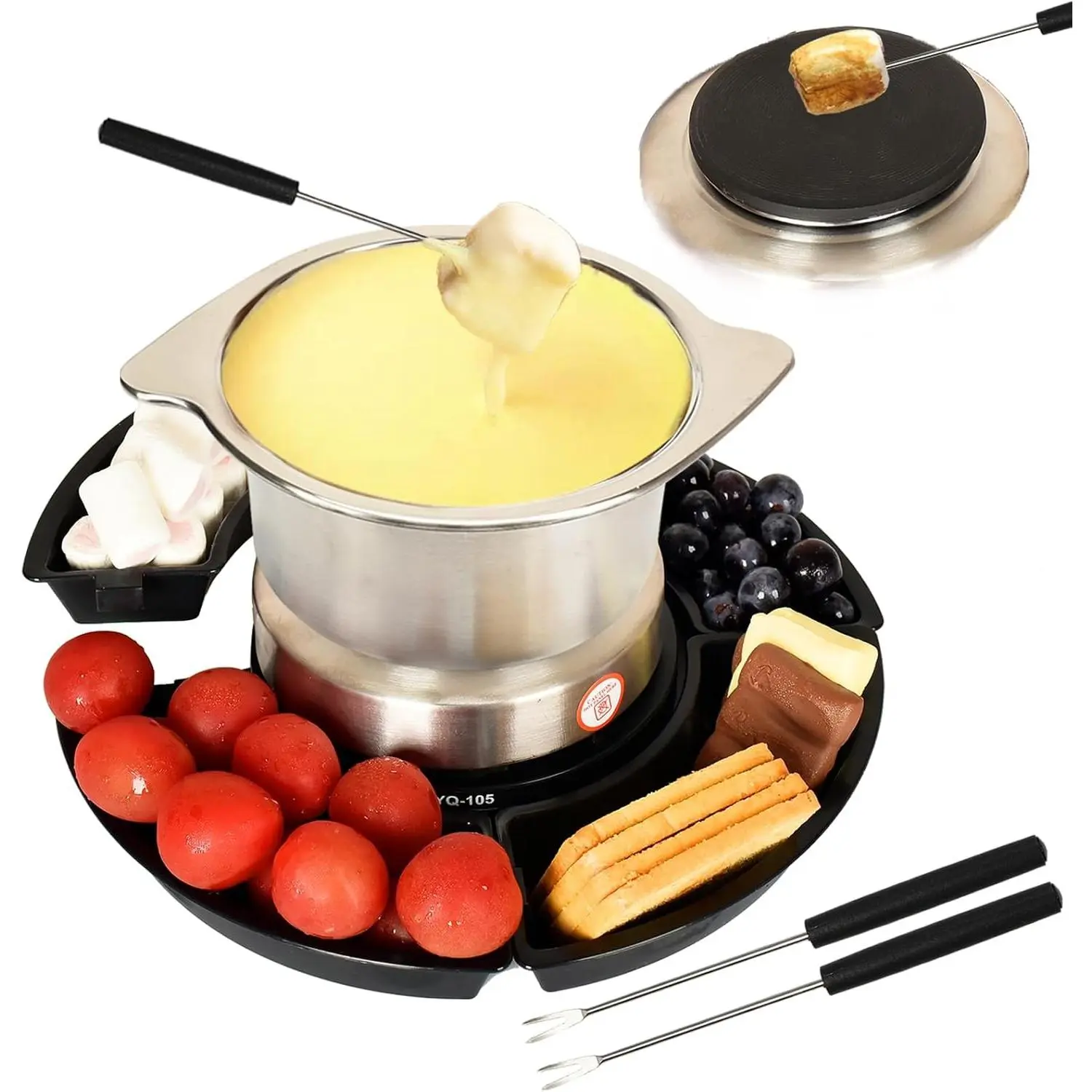 2 in 1 Fondue Pot & Electric S'mores Maker - Cheese and Chocolate Fondue Set with Temperature Control, Detachable Trays, Electric Fondue Pot Set with 4 Forks, Perfect for Parties and Family Gifts