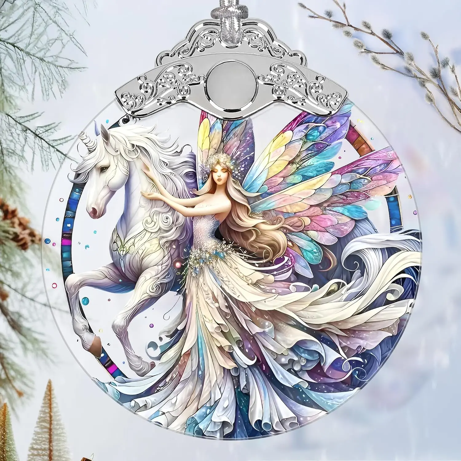 Unicorn and Fairy Stained Glass Orament - Christmas Ornament - Christmas Decorations for Tree - Holiday Present ldeas -  Exchange