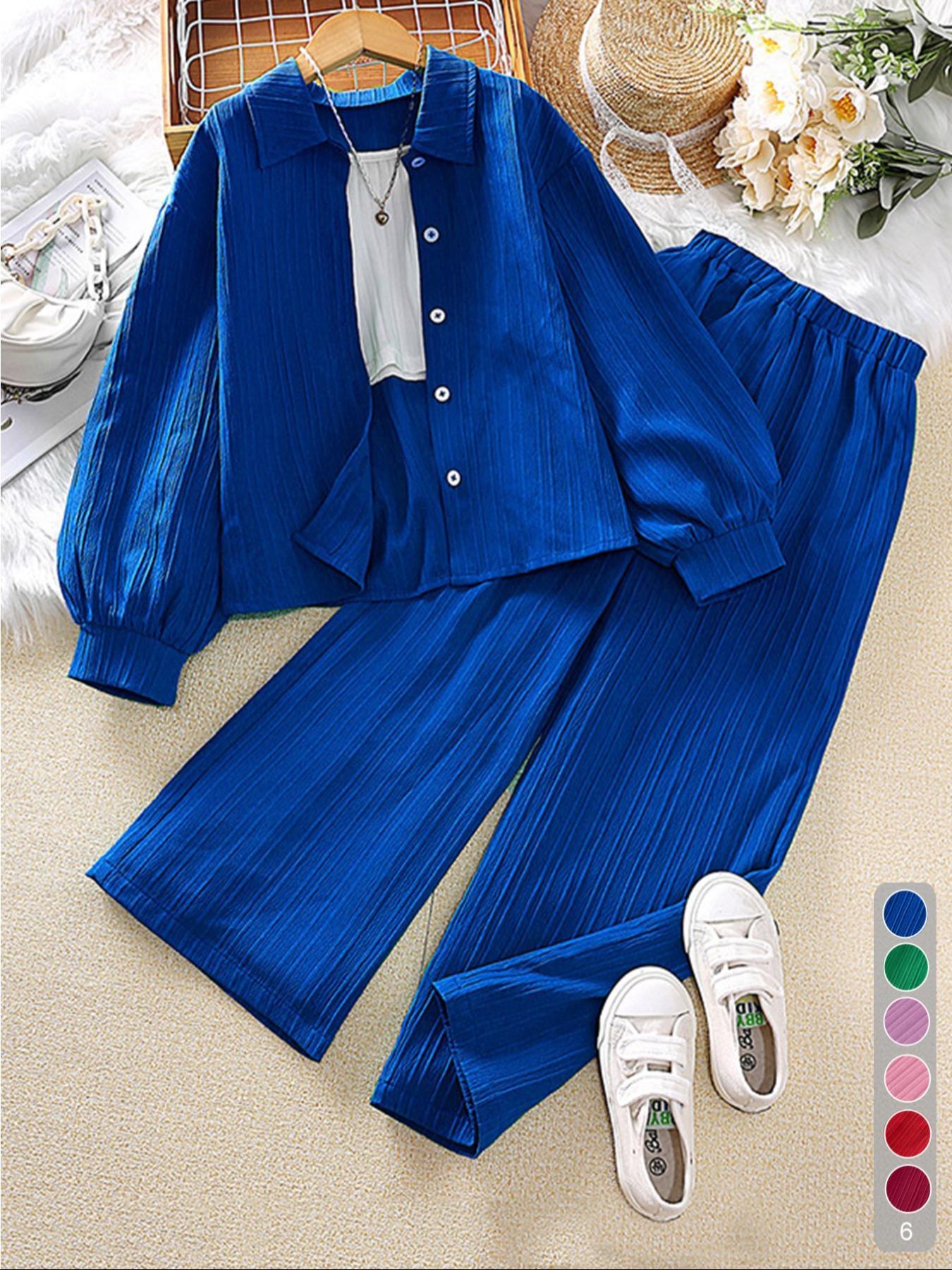 Two-piece Set Girl's Solid Color / Bow Pattern Shirt & Pants Set, Suits, Casual Long Sleeve Collared Top & Trousers for Spring & Fall, Kids Clothes for Daily Wear