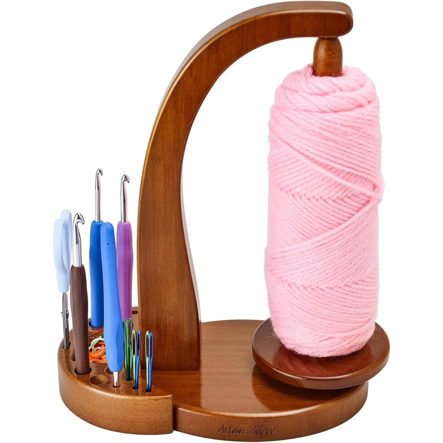 Crochet Yarn Holder - Upgrade with Crochet Accessories Storage Attachment, Magnetic Wooden Yarn Storage for Knitting Accessories, Perfect for Crocheting and Knitting Projects, Walnut Finish