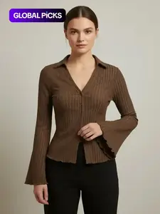 Women's Plain Lettuce Trim Flounce Sleeve Button Front Blouse, Casual Long Sleeve Collared Top for Daily Wear, Ladies Clothes for All Seasons