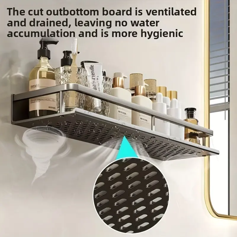 A wall-mounted gray aluminum bathroom shelf that helps save space, a stylish single-layer tray organizer, a multi-functional holder, Bathroom Caddy Organizer for shampoo, body wash, cosmetics, an essential accessory for decorating any bathroom