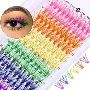 Fairy Colored Lash Extensions Clusters, False Eyelashes, Individuals Eyelash Clusters Diy Colored Eyelash Kit 6 Colors Rainbow Individual Eye Lashes 14/16mm D Curl Blue, Purple（120pcs)（No Glue）