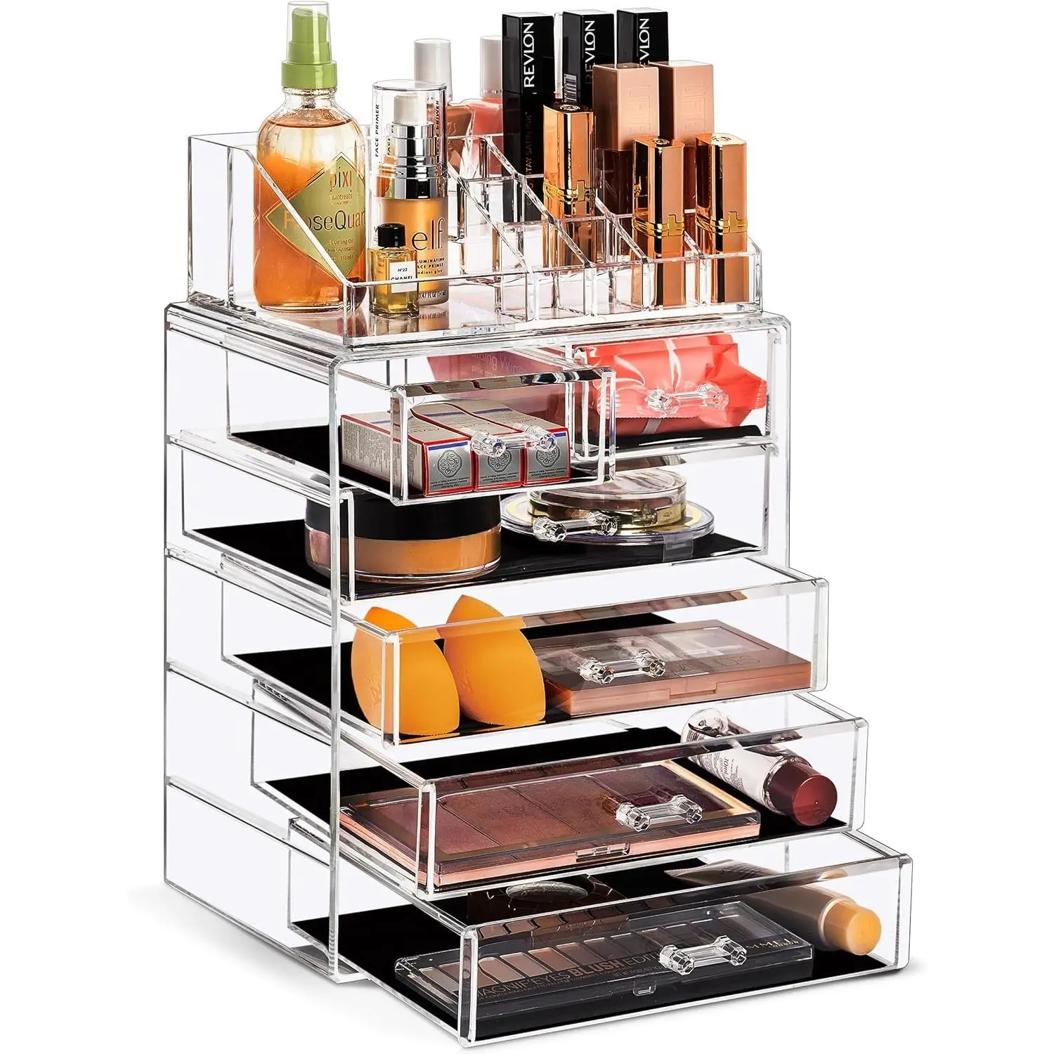 Acrylic Makeup Organizer Set, 6-Drawer Vanity & Countertop Cosmetic Storage with Small & Wide Compartments, Clear Makeup Storage for Brushes, Jewelry – Holiday Gift for Women & Teens