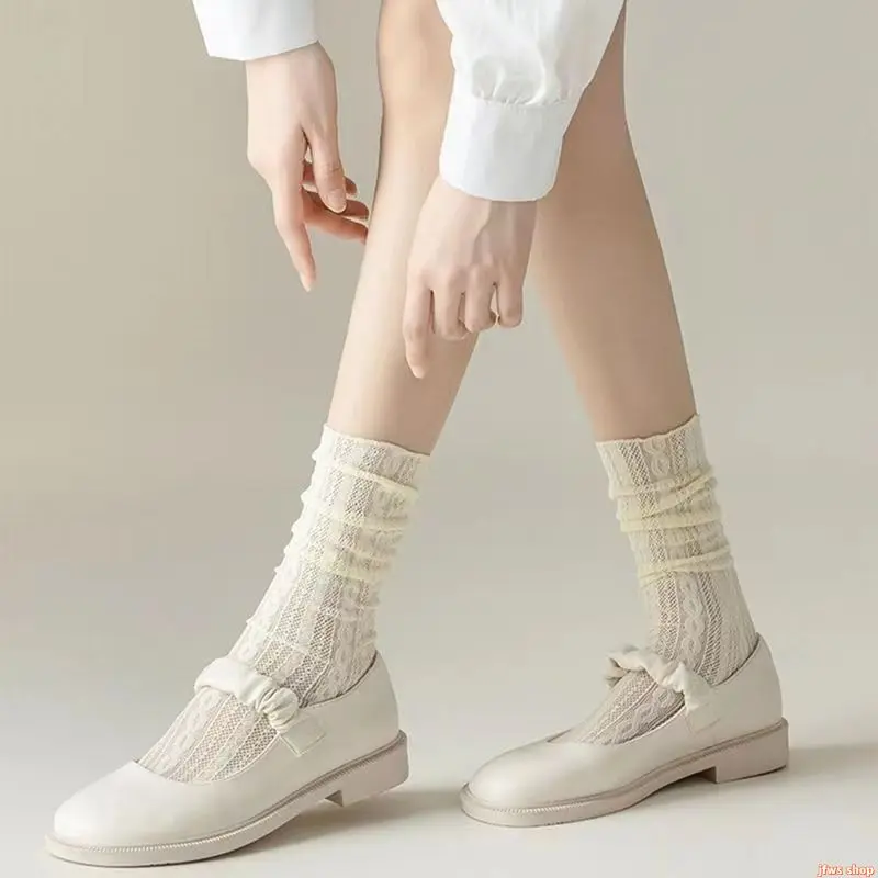 Women's JK Style Striped Socks, Elegant Mid-Calf Mesh Knit, Comfortable, Lightweight, and Breathable for Daily Summer Wear, Daily Wear