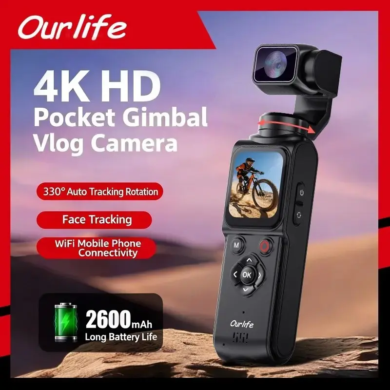 Ourlife At-M105 Camera with 32GB Memory Card, 1 Inch Cmos 4K Video, Three-Axis Gimbal Stabilizer, Fast Focus, Face Recognition, Portable Vlogging Camera