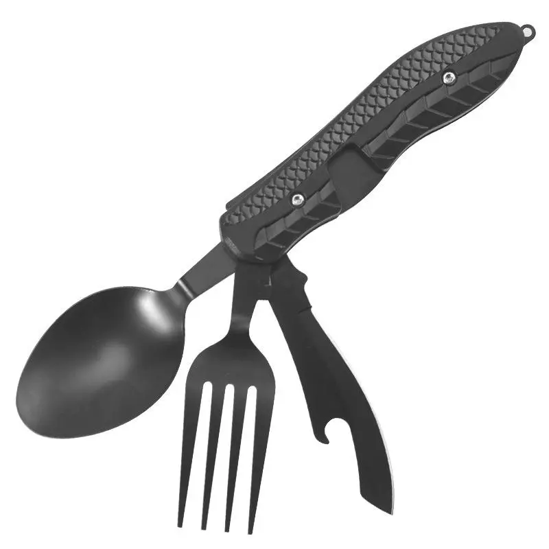 Outdoor Camping Utensils Portable Stainless Steel Foldable Spoon Fork Knife Bottle Opener Combo Set Durable Cutlery Tableware Multitool