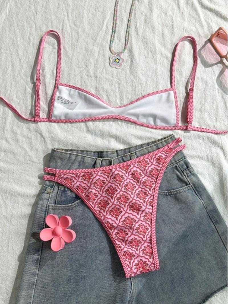 Two-Piece Set Women's Floral Print Bikini Set, Casual Fashion Chic Swimsuit Set for Beach Holiday Vacation, Ladies Summer Clothes, Flower Print Bikini Two-Piece Set Women's Floral Print Bikini Set, Casual Fashion Chic Swimsuit Set for Beach Holiday Vacation, Ladies Summer Clothes, Flower Print Bikini