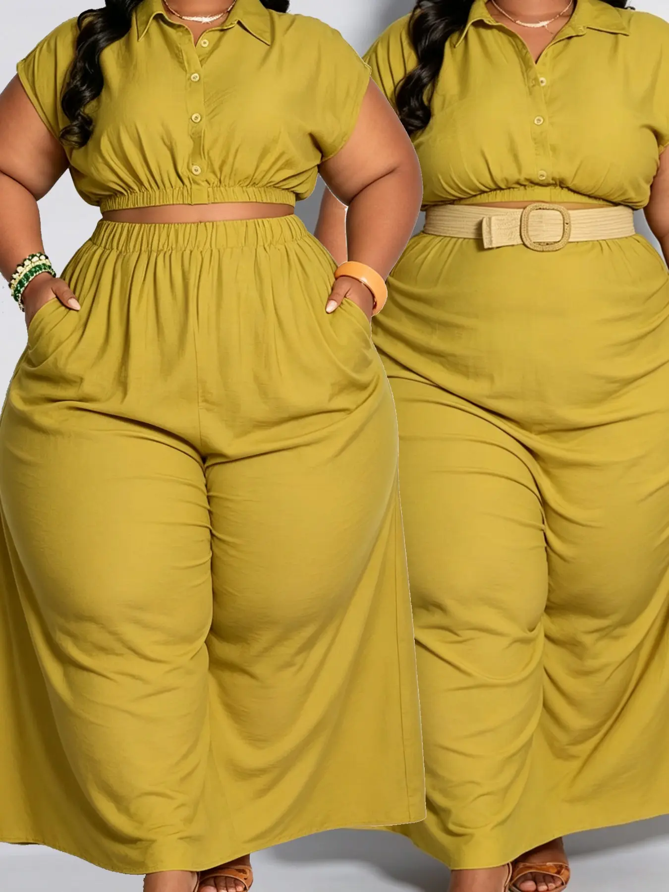 Summer Casual Two-Piece Set for Plus Size, Button Front Short Top and High Waist Wide Leg Pants, Essential Summer for Curvy Women