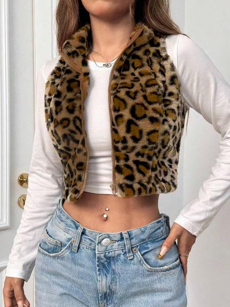 Women's Leopard Print Vest Jacket, Fashionable Layering Essential, Autumn Winter Versatile Piece, Casual & Formal Wear