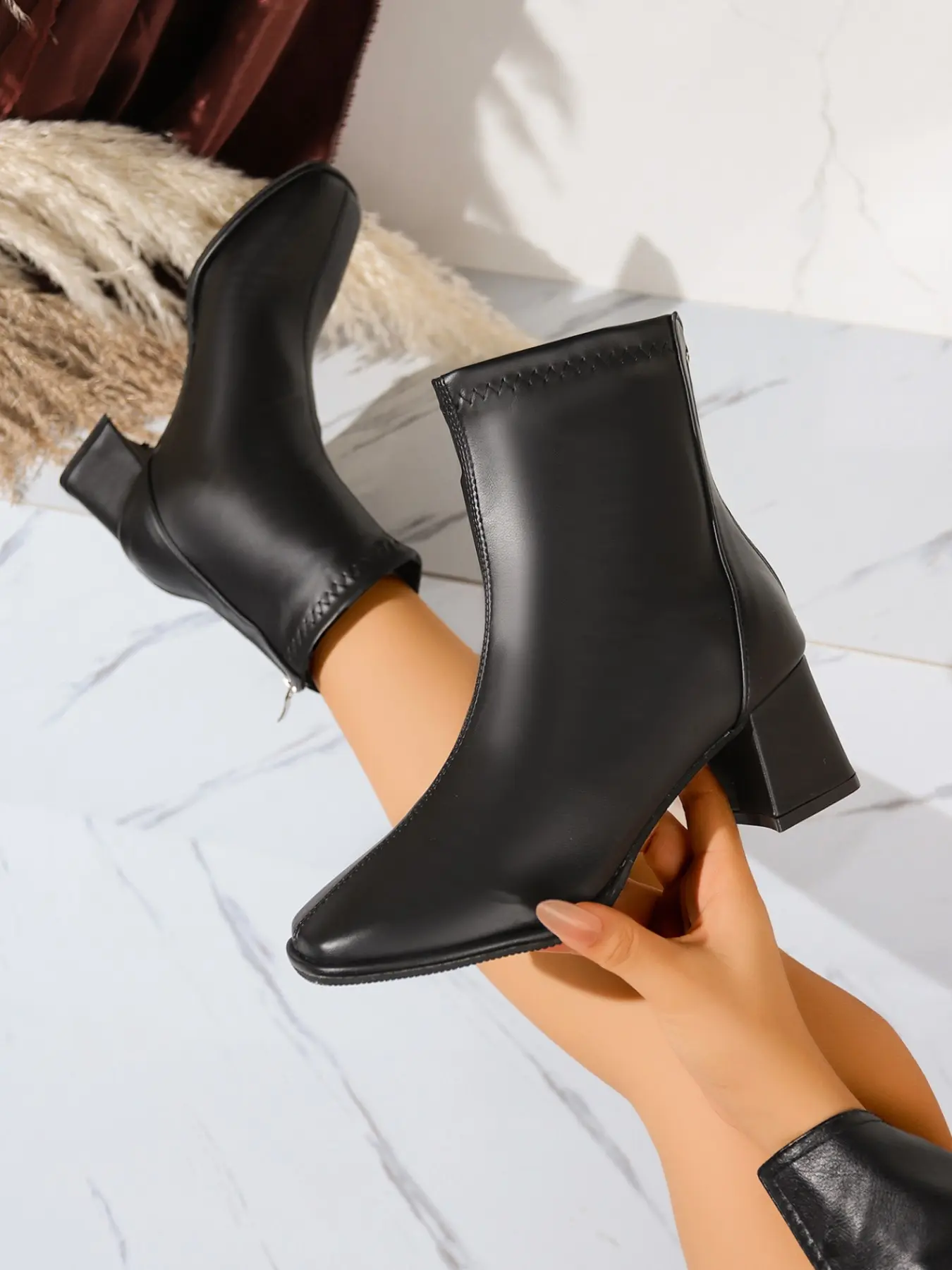 New Fall Winter Elegant Square Toe Thick Heel Short Boot, Soft PU Leather Back Zip Elastic Boot, Slimming Daily Wear Women's Ankle Boot