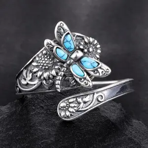 [Dragonfly Spoon Ring] Beautifully Crafted Adjustable Spoon Ring Featuring a Flower And Dragonfly Design, Perfect for Women to Wear on Casual Days, Parties, Or Holidays; a Lovely Gift for Fairy Enthusiasts
