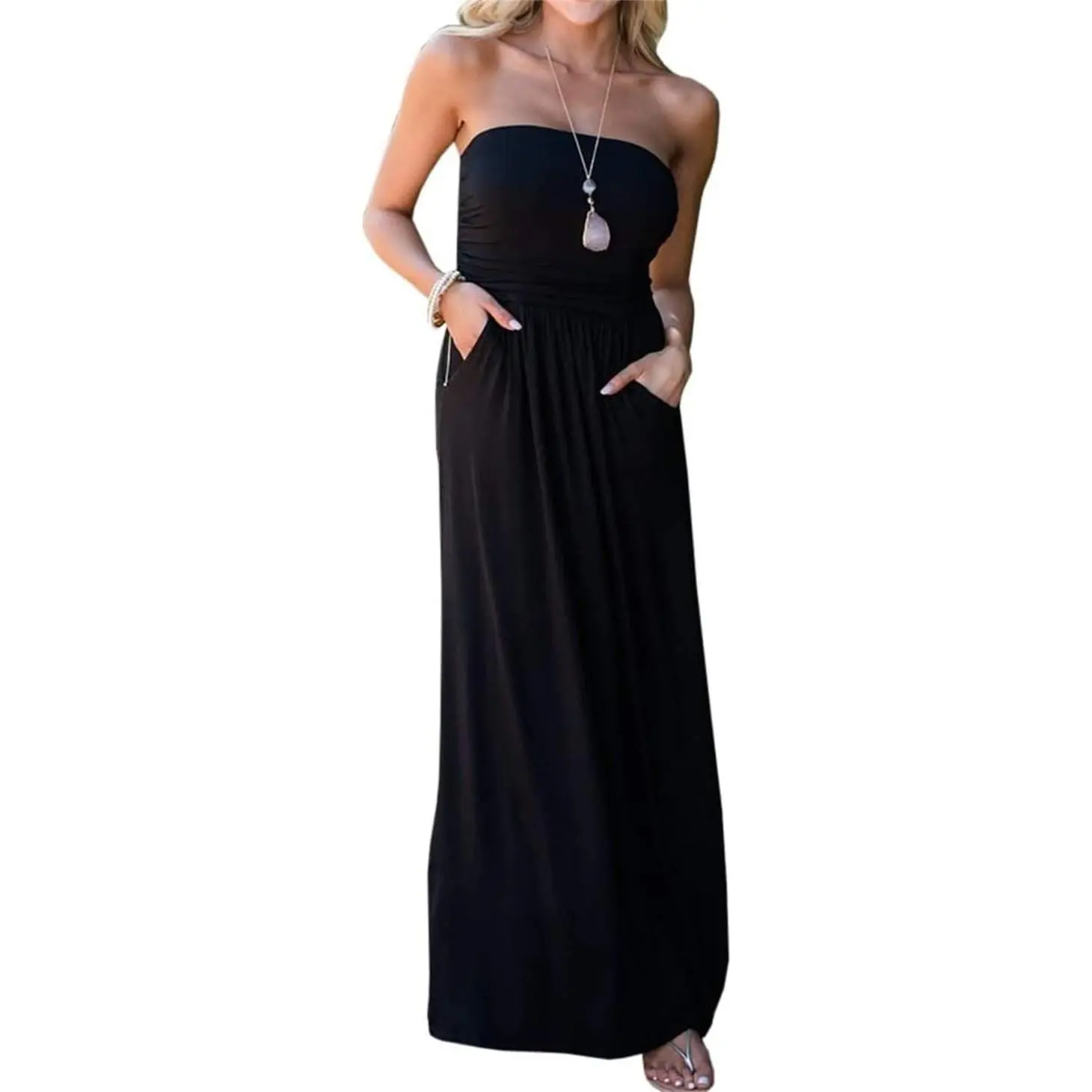 Womens Strapless Tube Top Maxi Dress Floral Boho Beach Dress with Pockets