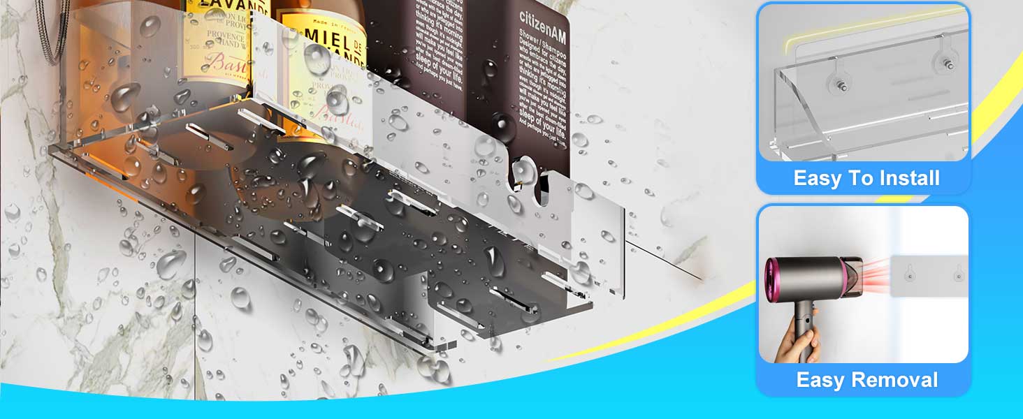 Acrylic Shower Shelves 3 Pack, Clear Adhesive Shower Organizer - No-Drill Wall Mount Storage Rack, Versatile Caddy for Bathroom & Kitchen (Transparent)