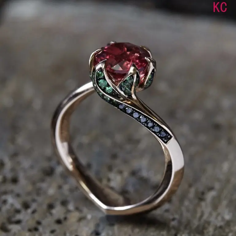 Rose Gold Rose Shaped Ring Inlaid Red Zircon, Creative Floral Finger Jewelry For European American Women Daily Styling