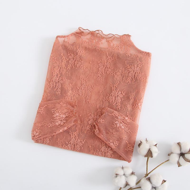 Lace Undershirt for Women 2025 New Style Semi High Neck Shirt Mesh Long Sleeved Sexy Top