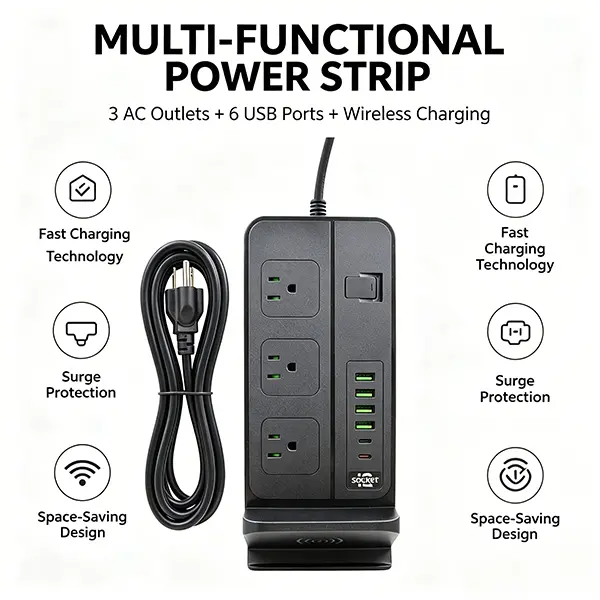 Multi-Function Surge Protector Desktop Power Outlet with Wireless Charging, QC Fast USB Ports & 6.56 FT Extension Cord