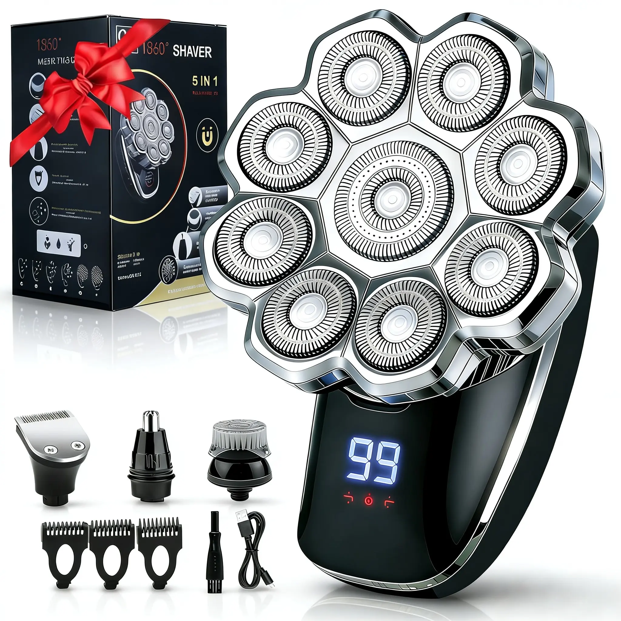 5 in 1 Electric Hair Trimmer Kit, 1 Set Waterproof Wet/Dry Grooming Shavers, Multifunctional Body Hair Shaver, Cordless Rechargeable Bald Head Rotary Razor for Home & Travel