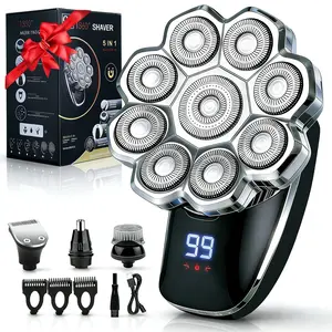 5 in 1 Electric Hair Trimmer Kit, 1 Set Waterproof Wet/Dry Grooming Shavers, Multifunctional Hair Shaver, Cordless Rechargeable Bald Head Rotary Razor for Home & Travel