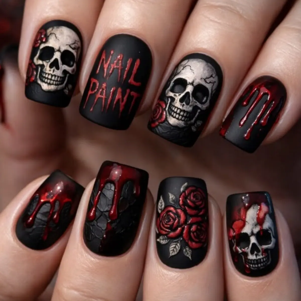Matte Y-2145 Halloween Retro Rose Skull Dark Nail Art, Short Ballerina Shape, 24pcs DIY False Nails for Women and Girls