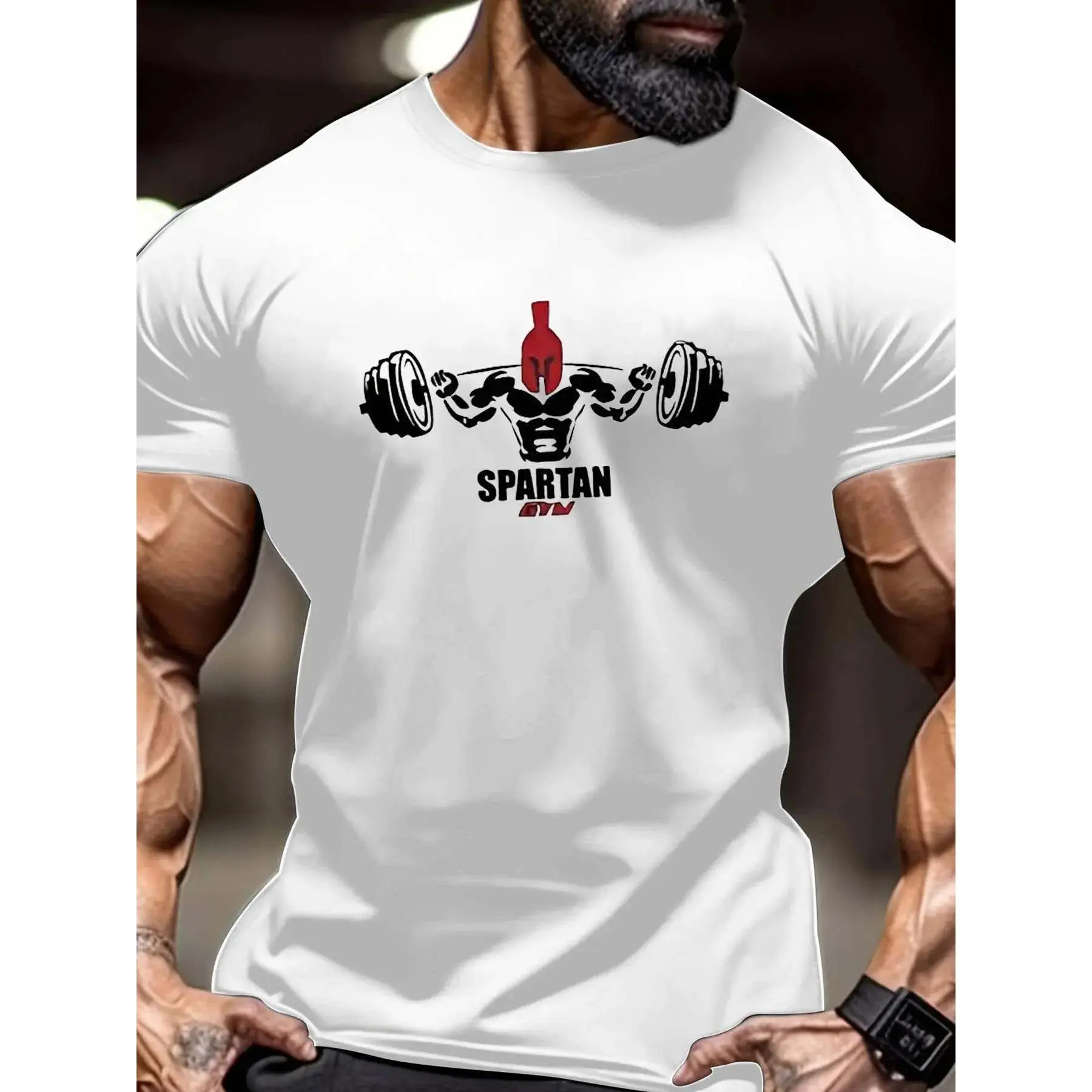 Men's Regular Fit Spartan Print Round Neck Tee, Casual Short Sleeve Crew Neck T-Shirt for Summer, Fashion Men's Top for Gym Workout Running Athletic Style Activewear Clothing