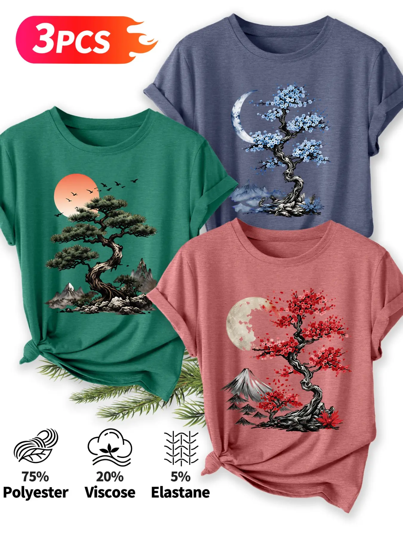 3Pcs Women Crew Neck T-Shirt, Moon Mountain Red Blue Blossom Tree Chinese Zen Bonsai Print, Multi-color Washable Spring Summer Top, Soft Skin-friendly Fabric Daily Versatile Fashion Design, Casual Comfy Clothes