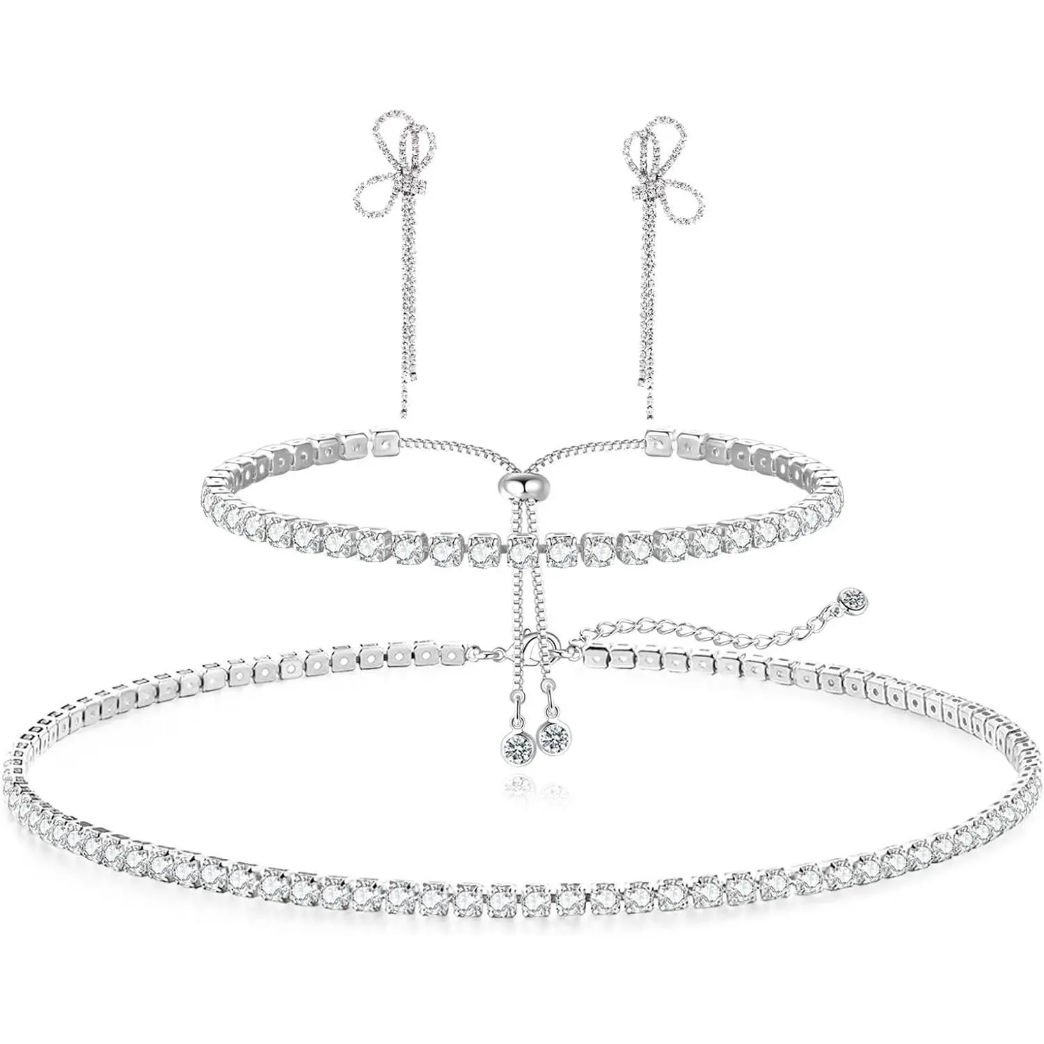 HAXIYA Tennis Necklace Bracelet for Women, Sterling Sliver Jewelry Set, Silver/Gold Chocker Necklace, Crystal Bracelet for Women, Wedding Jewelry for Bride, Sparkly Party Prom Hypoallergenic