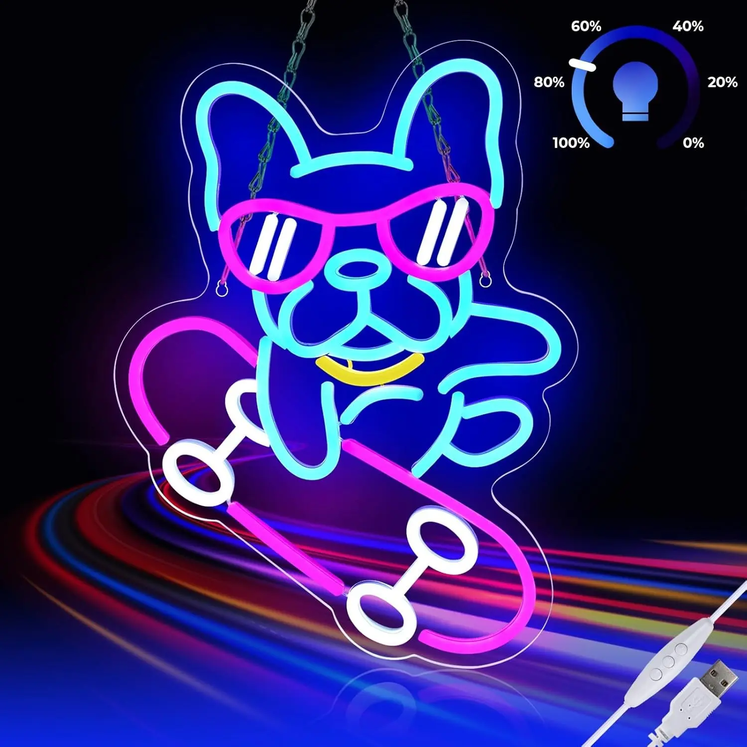 Dog Neon Light Sign Skateboard Neon Light for Wall Decoration, Adjustable Brightness, French Bulldog LED Neon Sign for Bedroom, Living Room, Party Gifts