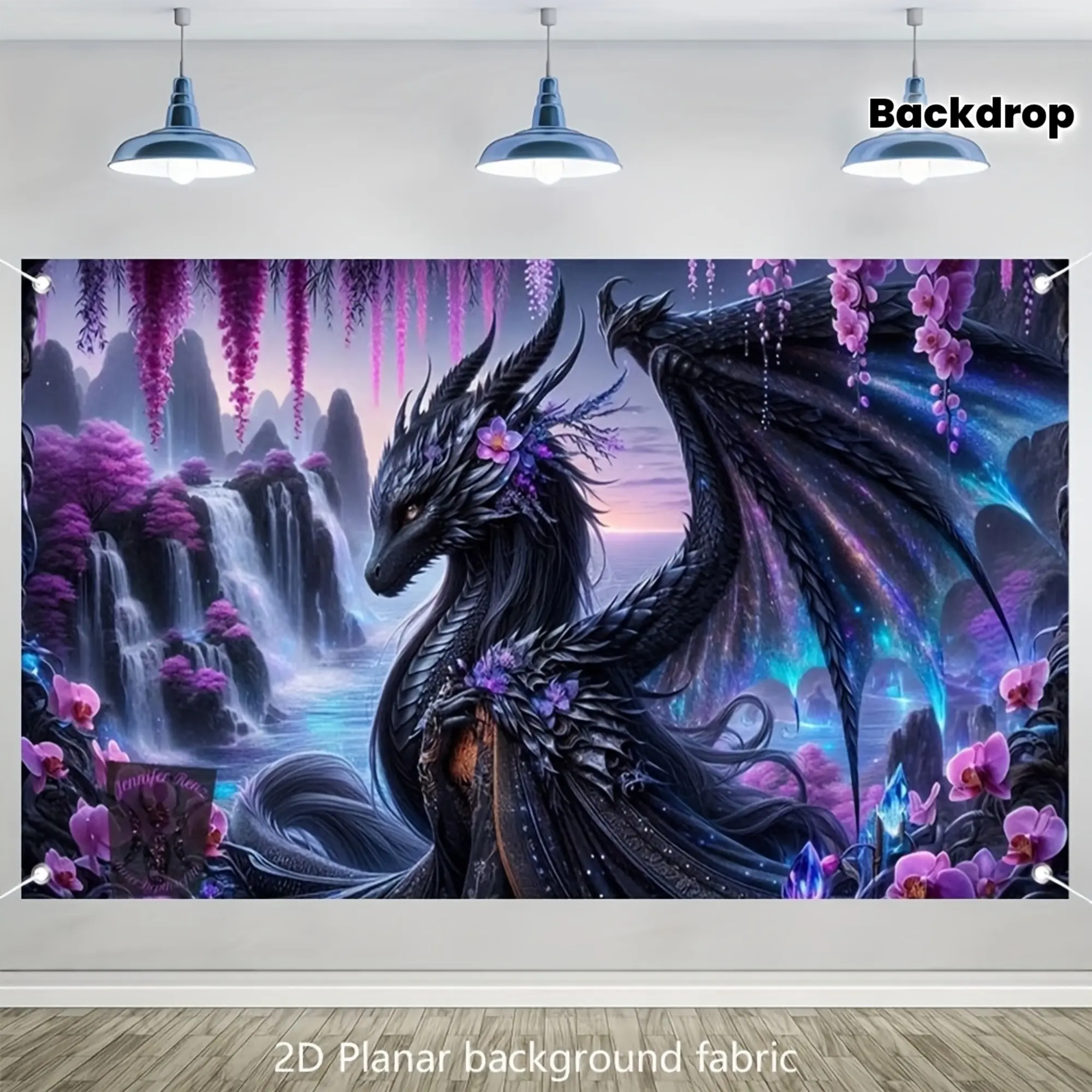 2D Flat, 2D Flat, A Dreamy Dragon Waterfall Landscape Polyester - 2D Flat Wall-Mounted Background, Suitable for Home Decor, Parties, And Photography - Featuring a Vibrant Purple And Blue Design, No Electricity Required, Usable in All Seasons