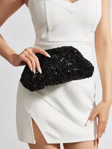 Black Sequin Cloud Clutch Bag Women Glitter Sparkly Evening Handbag Detachable Strap Crossbody Shoulder Purse For Wedding Prom Party Cocktail Formal Night Out Club