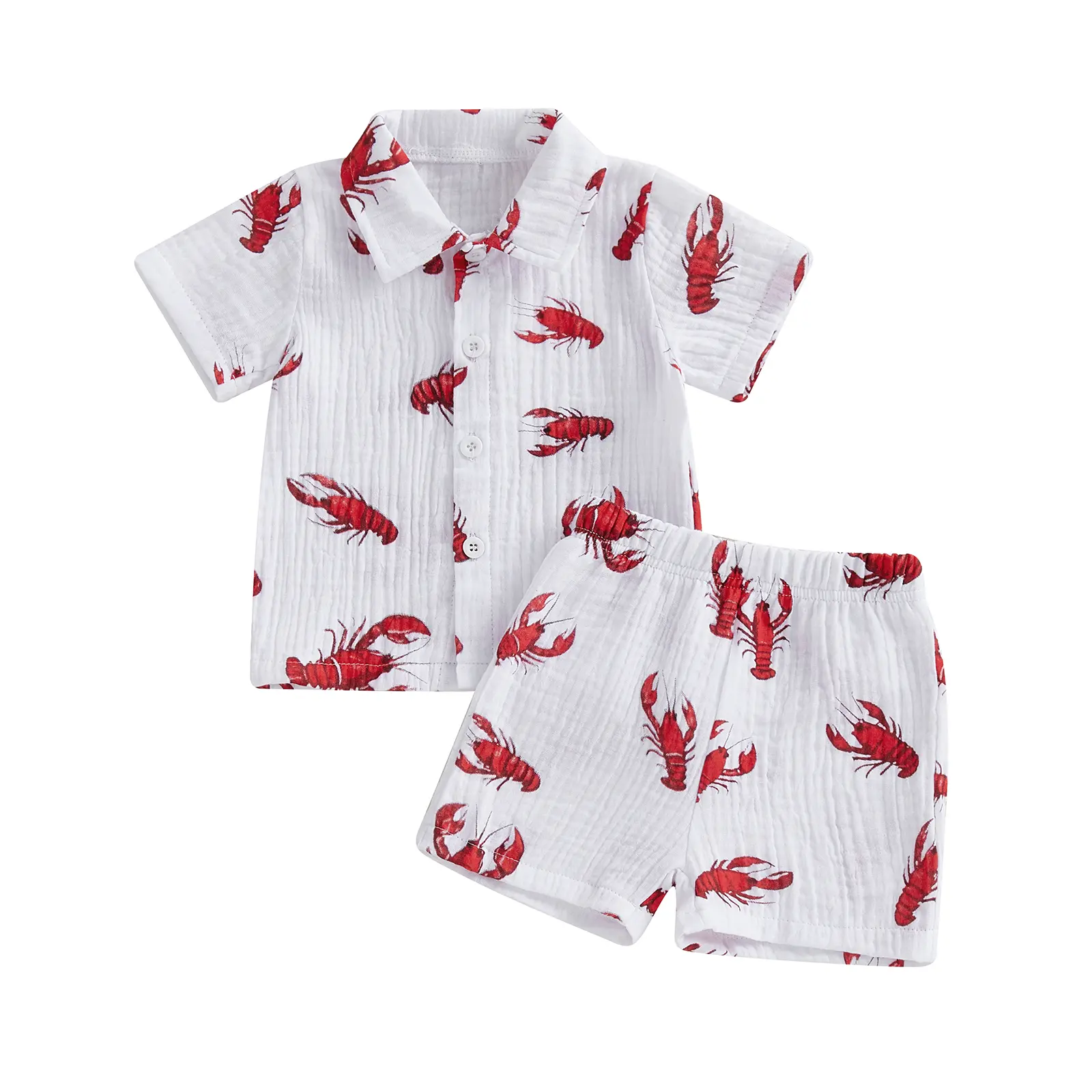 [Mini Cloud] Baby Kids Boys Shorts Set, Dinosaur/Bus/Crayfish Print Short Sleeve Shirt with Elastic Waist Shorts Toddler Set Summer Outfit