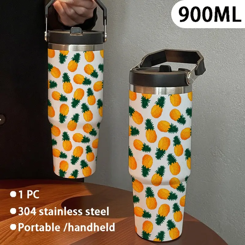 30oz Insulated Tumbler with Pineapple Pattern, Large Capacity with Straw, Stainless Steel, Ideal for Sports, Home, Travel, Gift