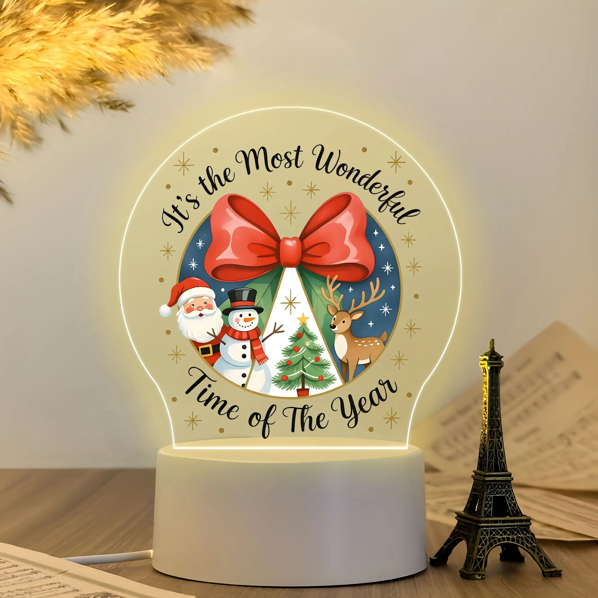 Santa Snowman Reindeer Acrylic Night Light, Big Bow Christmas Tree LED Desk Lamp, Farmhouse Xmas Bedroom Decor Gift, Illuminated Night Light