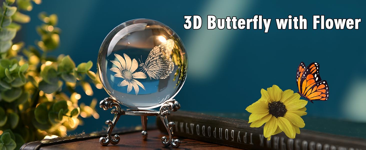 3D Butterfly Crystal Ball 60mm Gifts Ideas for Girlfriend Wife Mom Couple Her Butterfly on Sunflower in Glass Ball with Stand Butterfly Sphere Novelty Home Decor Ornaments Interior Decoration Accessories Modern Home Decoration Art Figurine