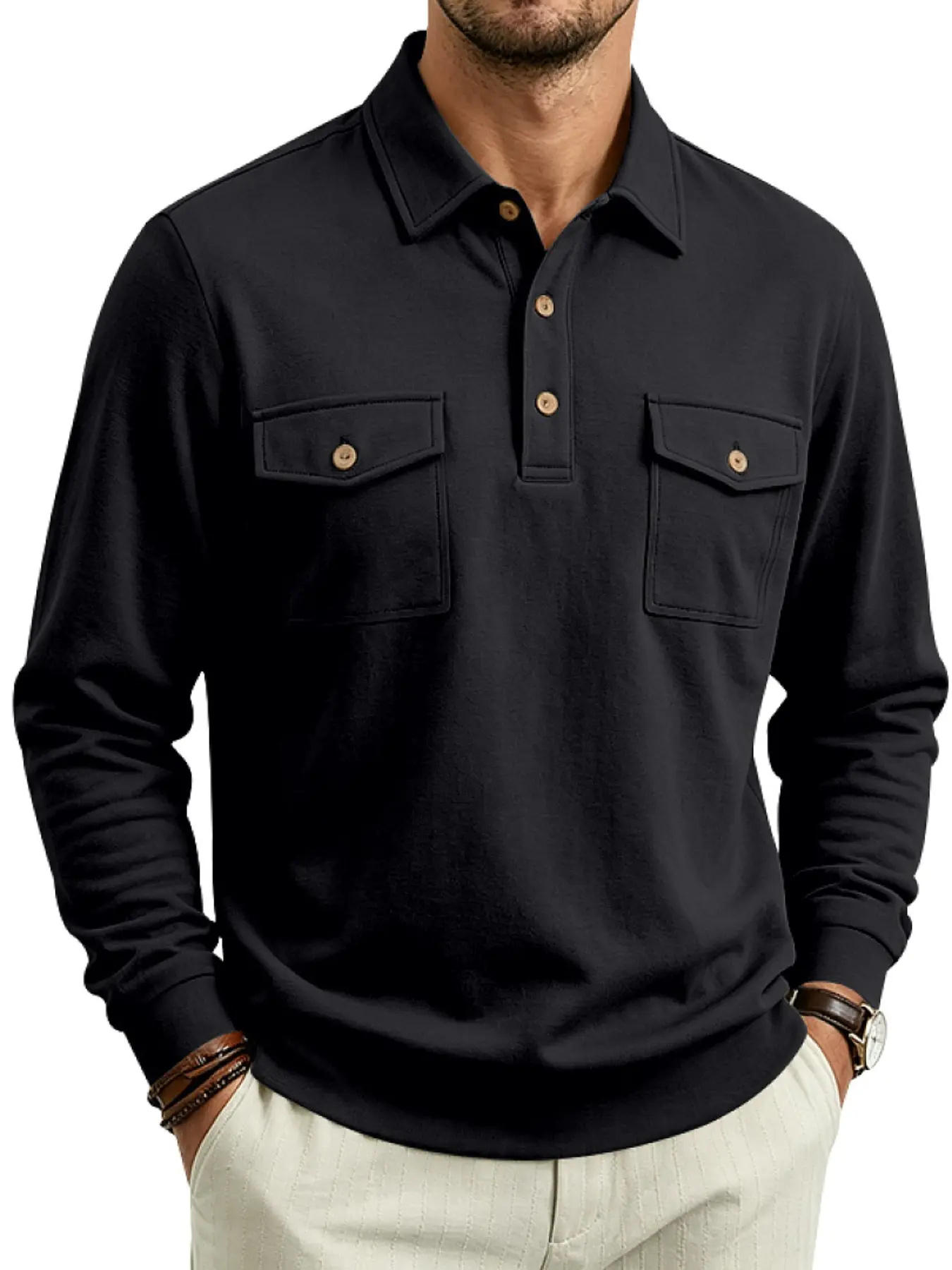Men's Workwear Collared Long Sleeve Polo Sweatshirt, Double Pockets Heavyweight Pullover Top, Vintage Business Casual Loose Fit Shirts for Spring & Autumn Daily Commute, Multiple Colors & Sizes Available, Menswear