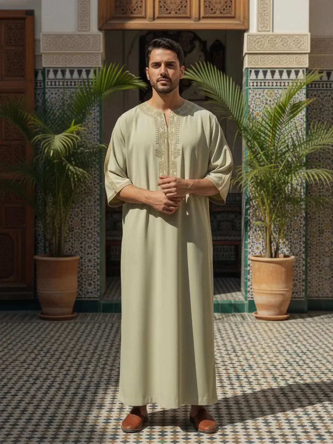 Muslim Traditional Robe Moroccan Style Men's Casual Ethnic Embroidered Long Robe, Islamic Thobe, Authentic Saudi Thobe, Fashionable Arabic Clothing for All Seasons