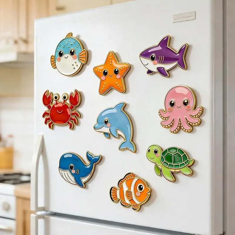 9pcs Set of Small-Sized Cute Cartoon Ocean Animal Refrigerator Magnets, Suitable for Kitchen, Office, Whiteboard, Storage Cabinet, Dishwasher, and Holiday Gift Set