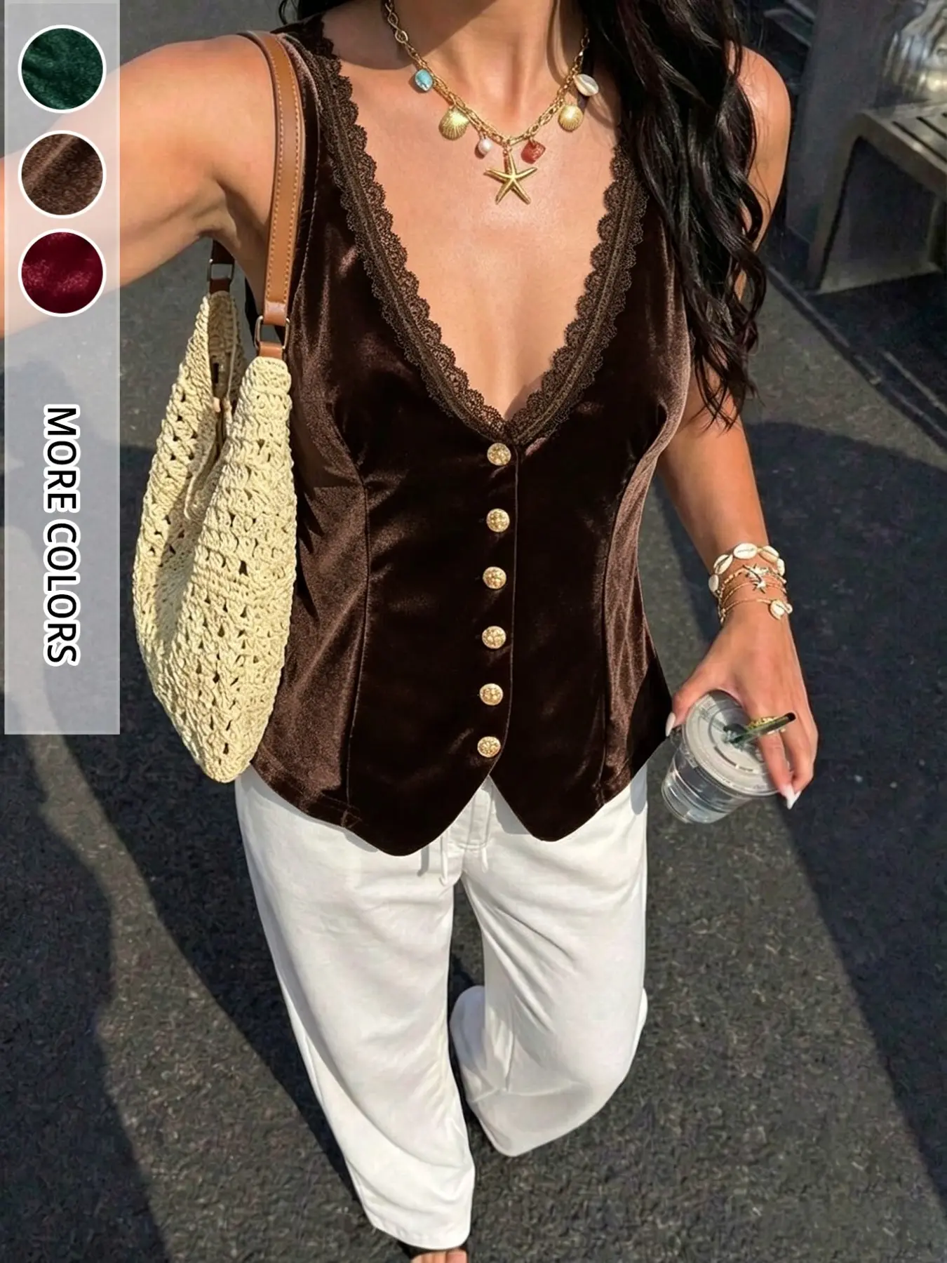 New Fall Winter French Vintage Wine Velvet Sleeveless Vest, Lace Trim Deep V Neck, Metal Button Waist Cinch, Elegant Outerwear for Women