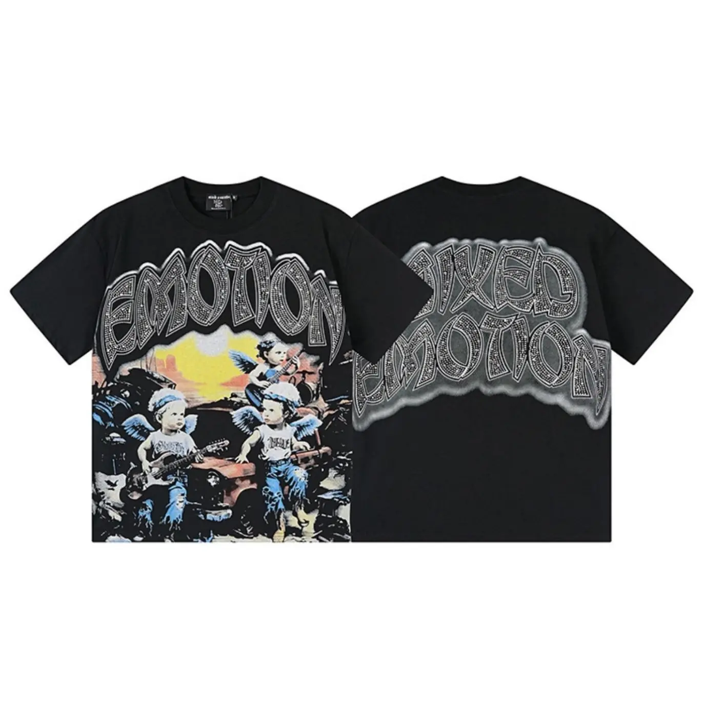 MIXED EMOTION Unisex Y2K Hip Hop Rhinestone Graphic Cotton Tee Vintage Washed Oversized Streetwear Cyber Grunge Summer Short Sleeve Retro Urban Trendy Shirt