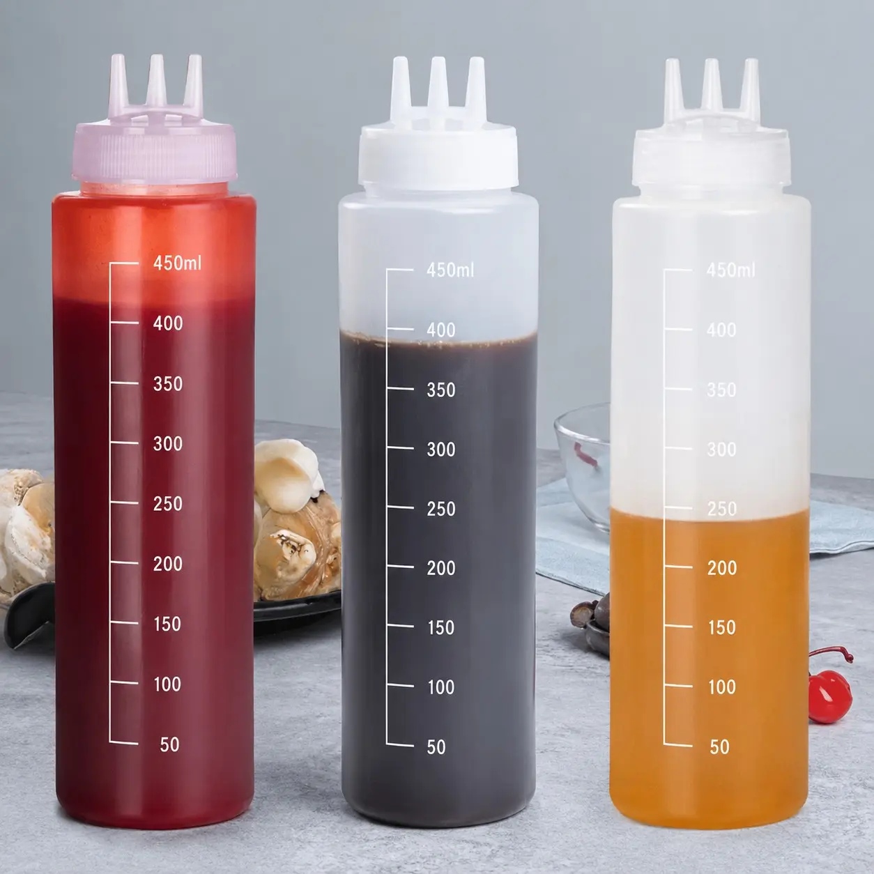 3pcs Condiment Dispenser Bottles, 450ML Plastic Squeeze Bottles, Ideal for Thick Sauces, Ketchup, Mustard, Syrup, BBQ, Kitchen Art, Party Decor